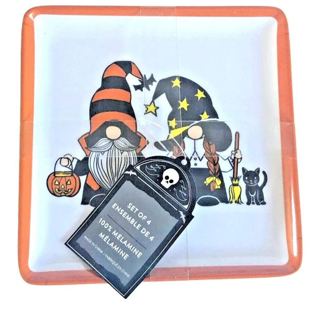 Halloween Gnomes Melamine Plates Witch Black Cat Orange 6 Inch Square Set of 4